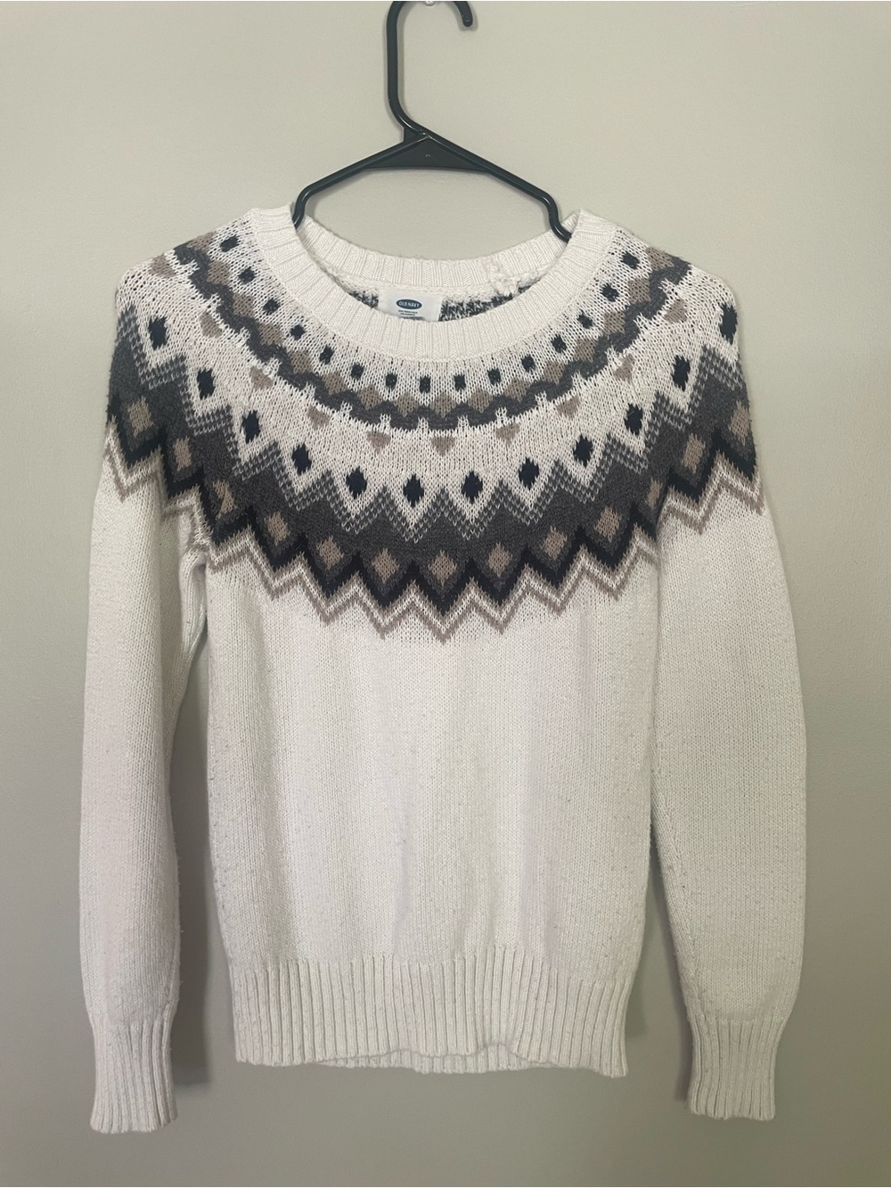 Old Navy Cream Crewneck Sweater with Gray and Brown Pattern